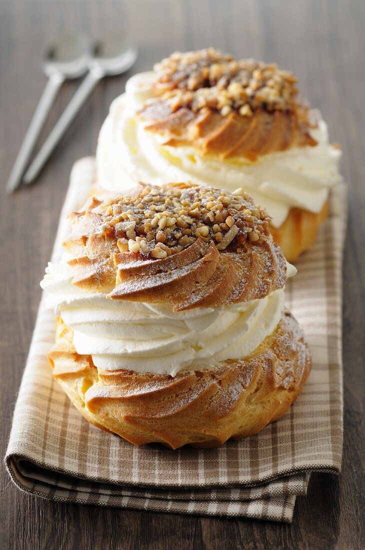 Profiteroles with cream and nuts