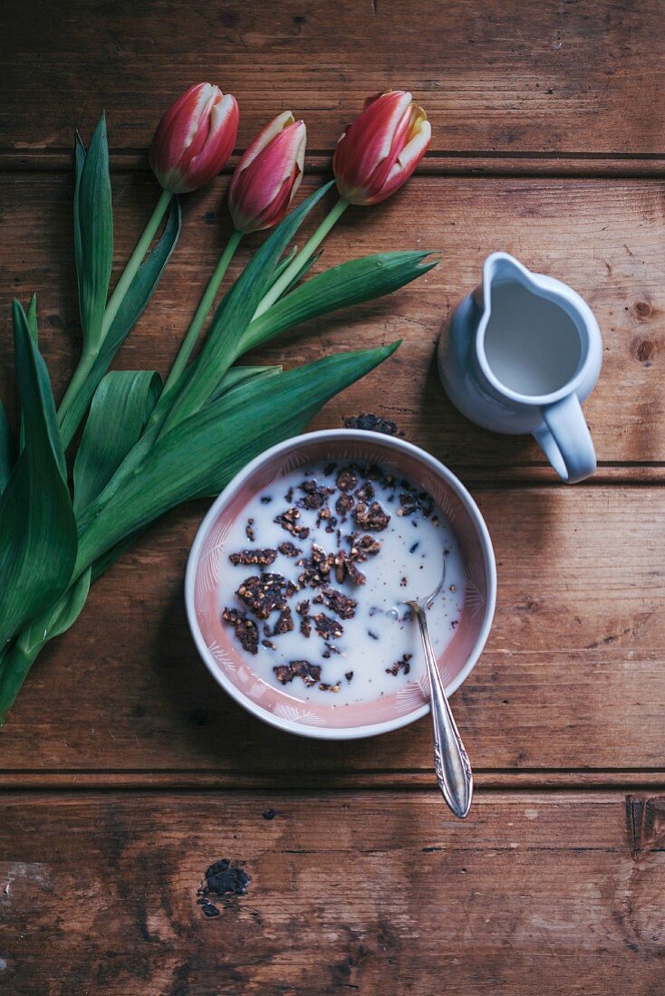 Cacao buckwheat granola with almond milk for breakfast