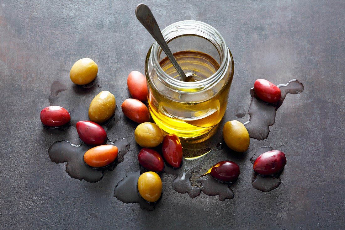 Fresh olives and olive oil