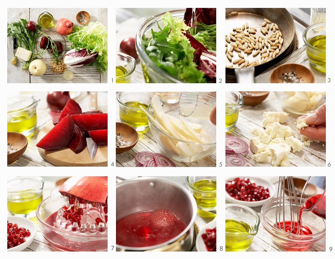 A salad with Nashi pear, pomegranate seeds, feta and beetroot being made