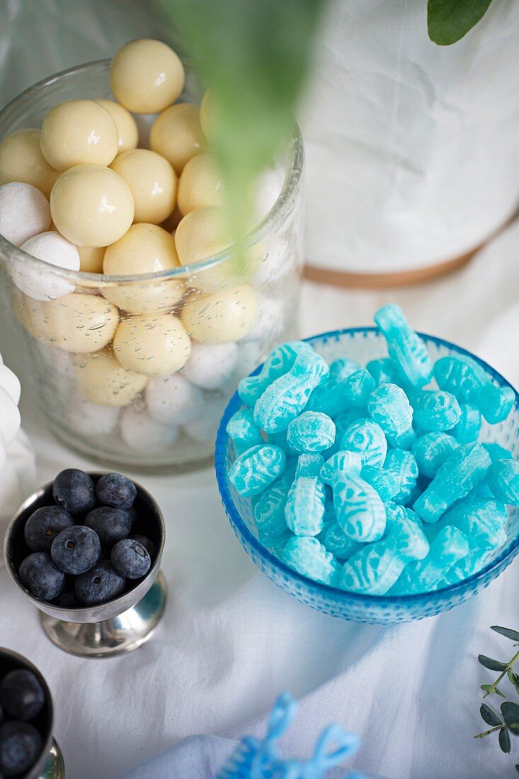 Sweets and blueberries on a maritime themed buffet