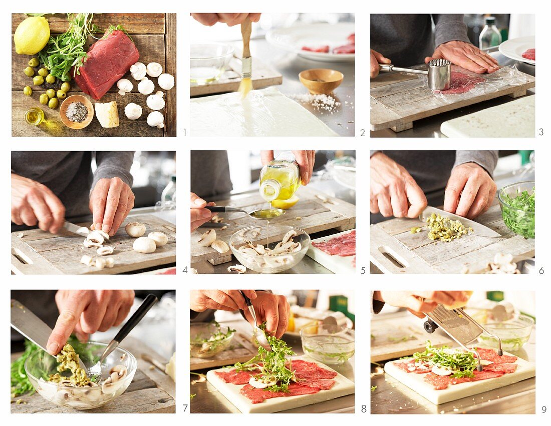 How to make beef carpaccio with mushrooms, rocket and Parmesan