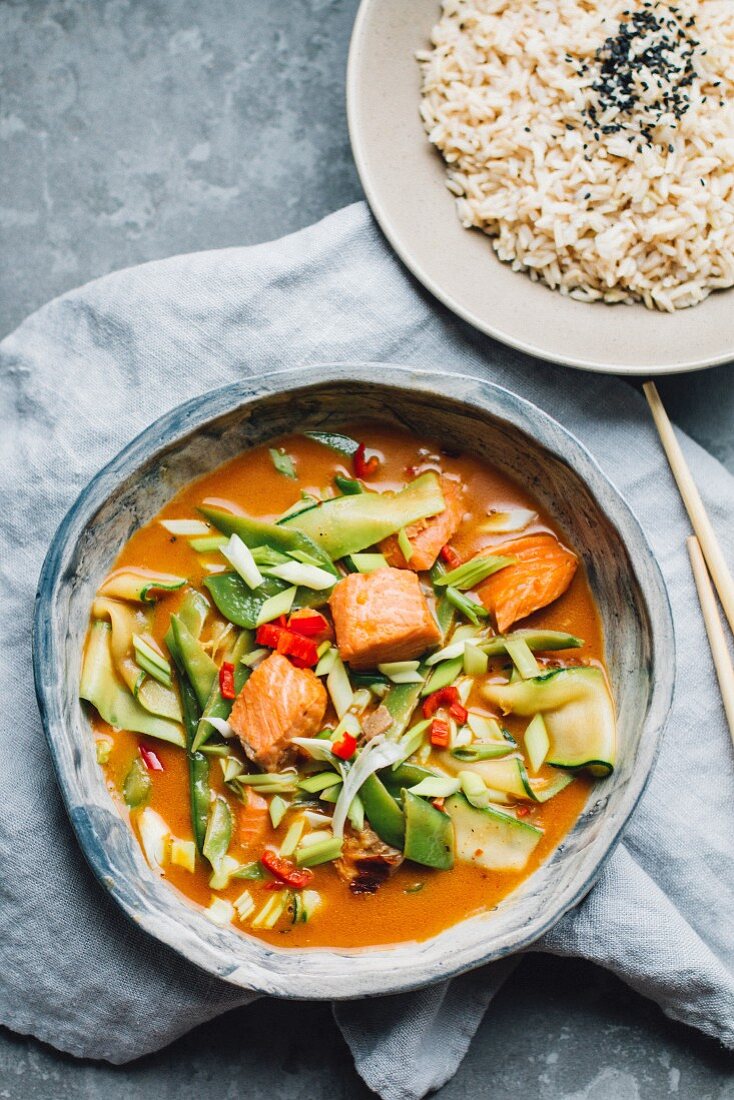 Salmon curry with vegetables and rice