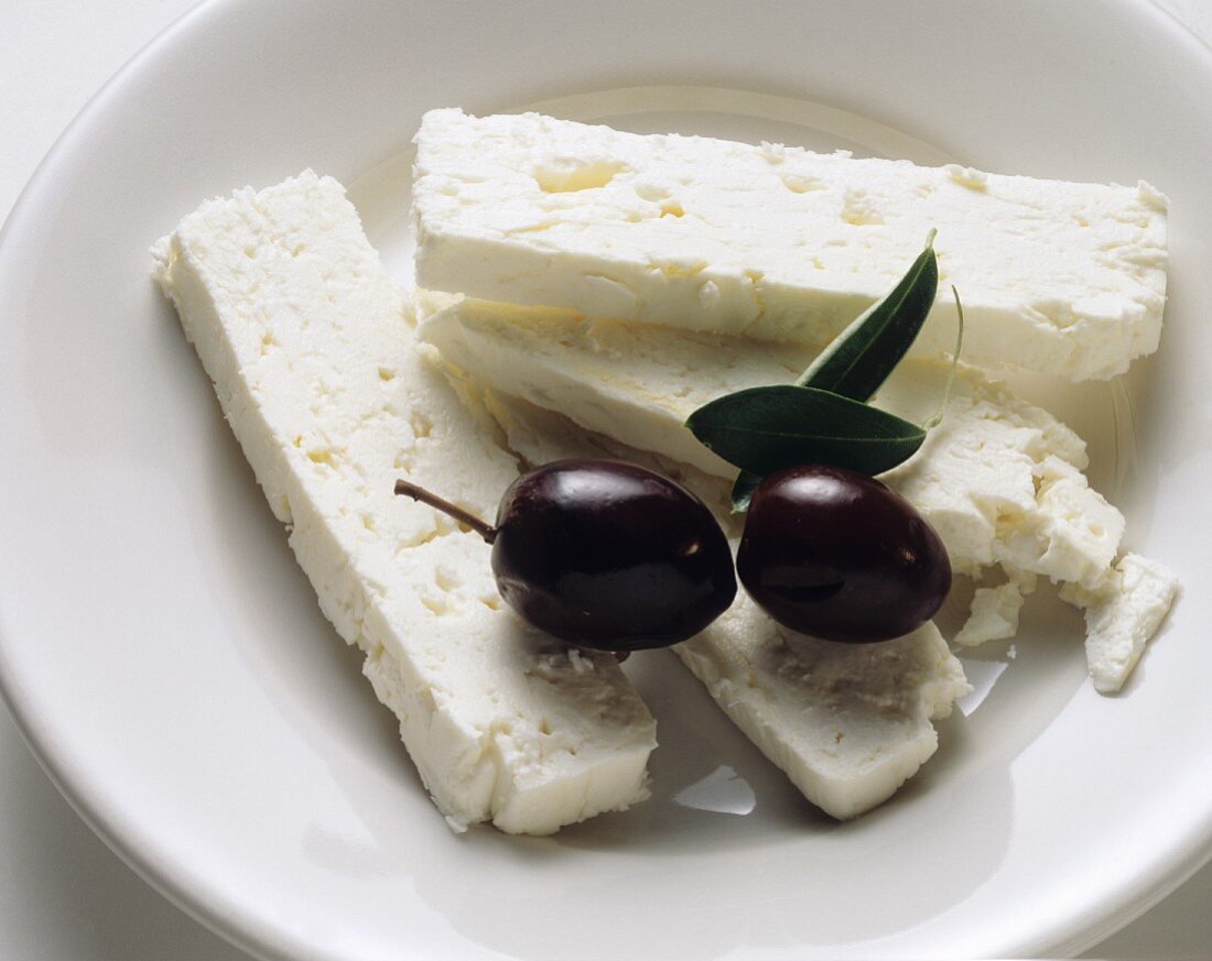 Slices of Feta Cheese with Black Olives