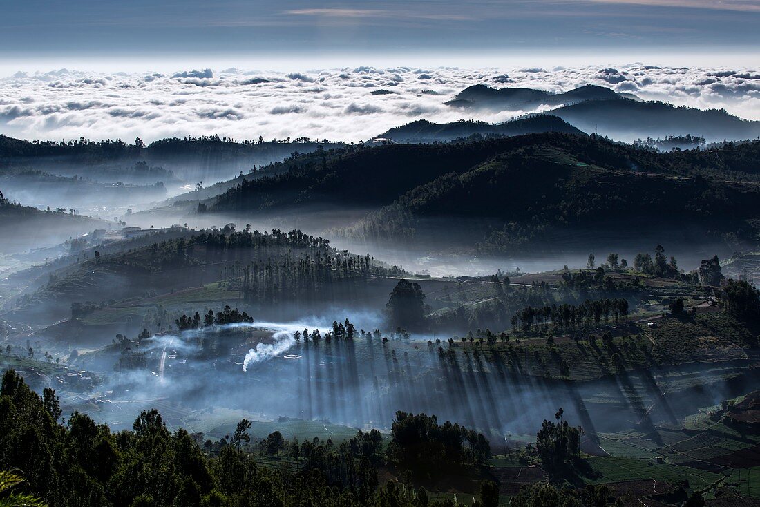 Mist-shrouded mountain valleys, India