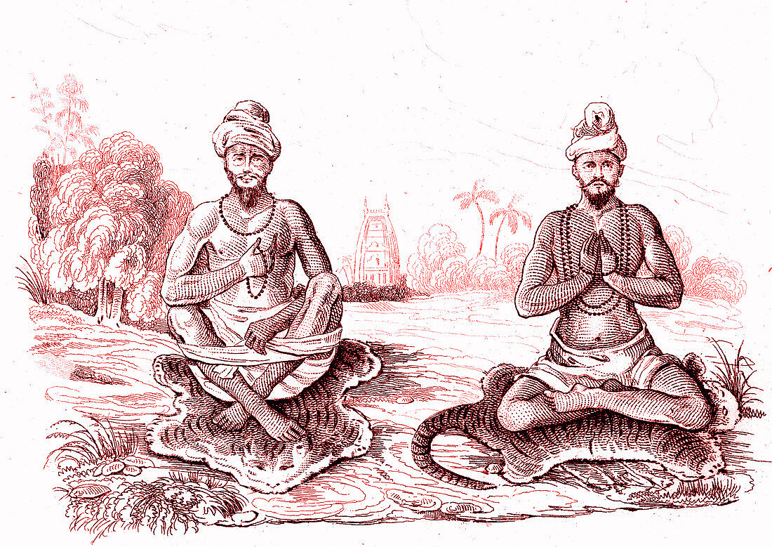 19th Century Hindu men praying, illustration