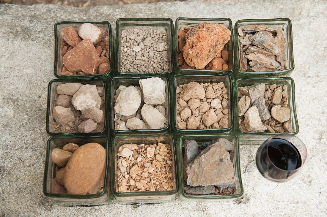 Sammlung verschiedener Bodenarten und Steine, mit Rotweinglas (Weinregion Corbieres, Frankreich)