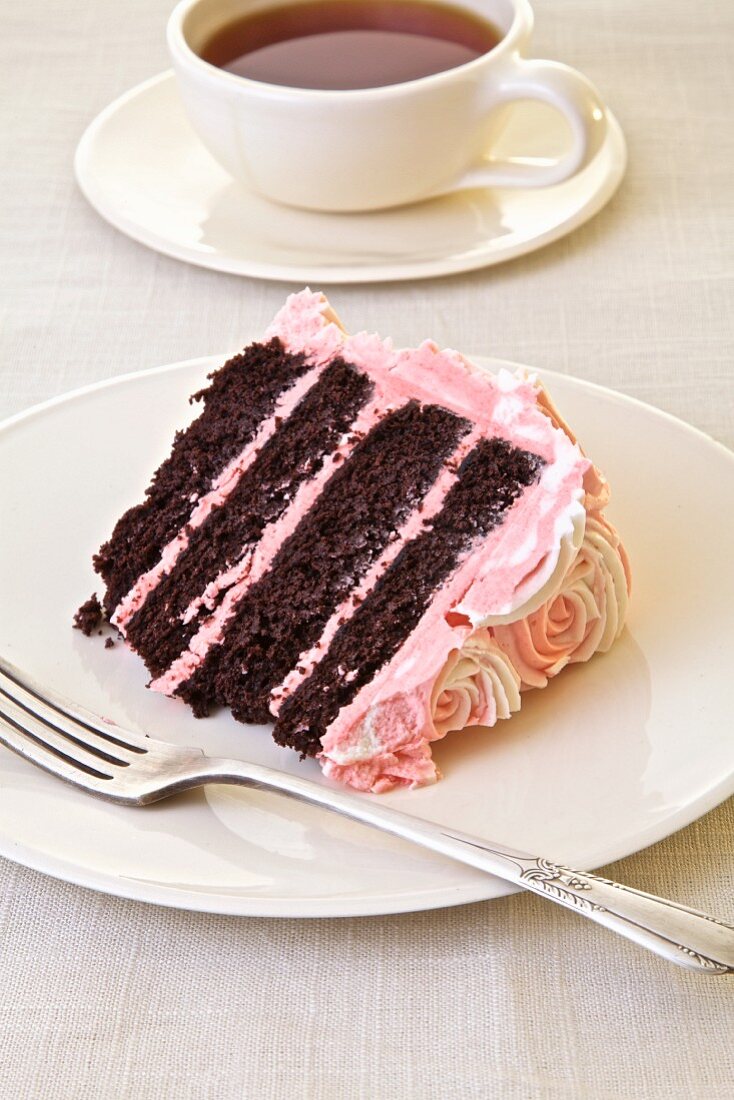 Slice of Chocolate Layer cake with raspberry frosting on a white plate