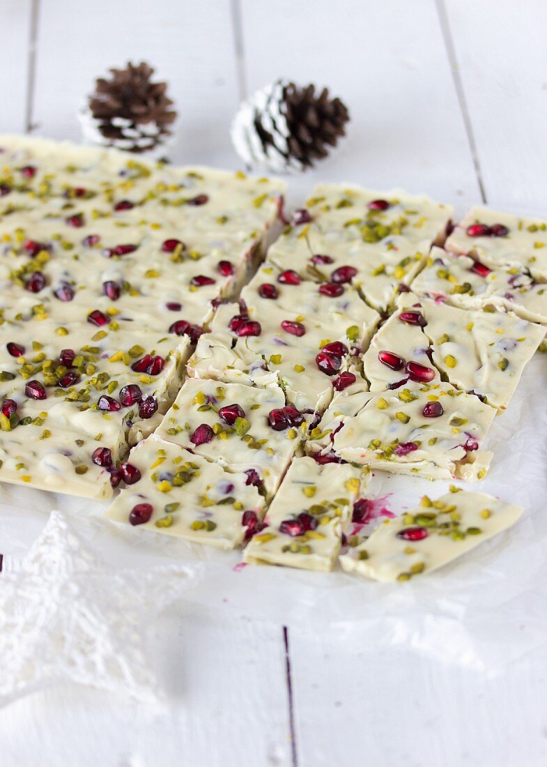 White chocolate with pistachios and pomegranate seeds