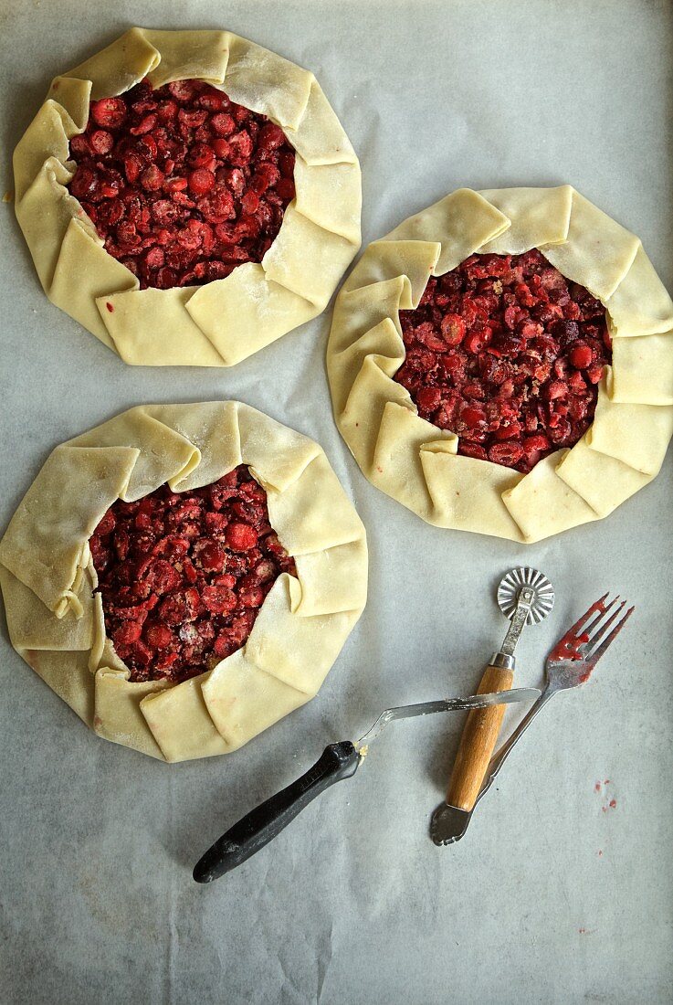 Cranberry pies being made on a parchment paper, USA