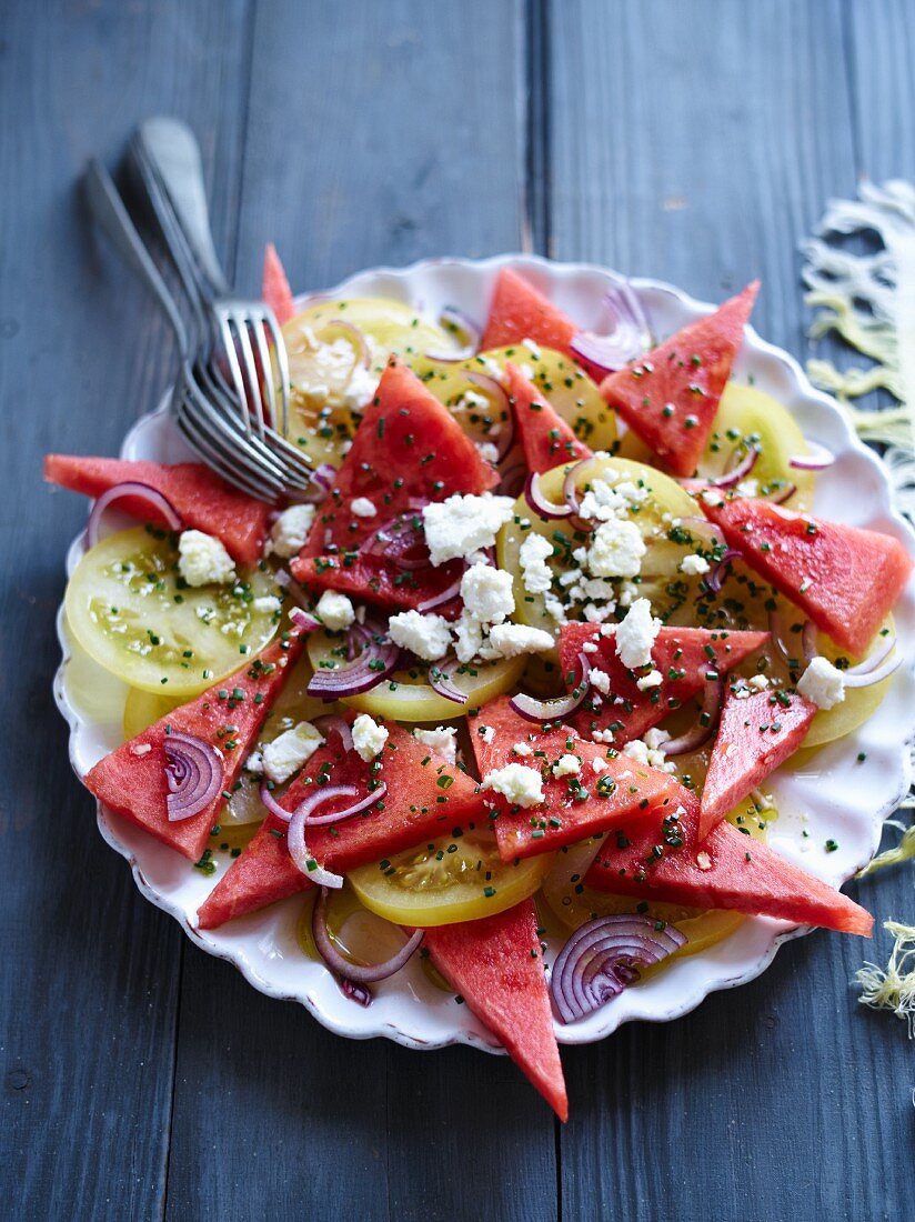 Watermelon salad with tomatoes and feta
