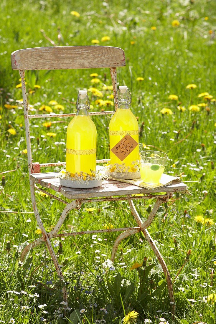 Orangen-Honig-Limonade in Bügelflaschen mit Blumenkränzchen auf Vintage Stuhl im Garten