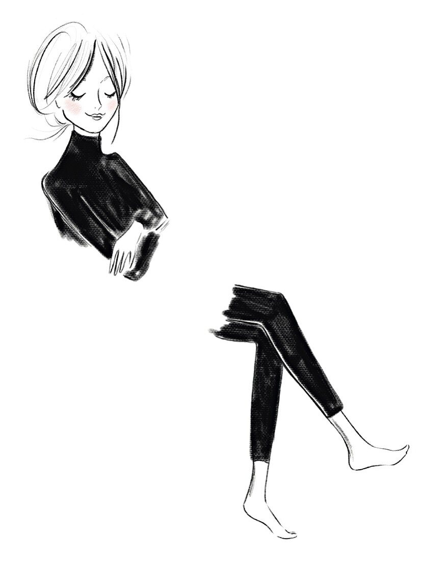 Illustration: A woman dressed in black sitting down (side view)
