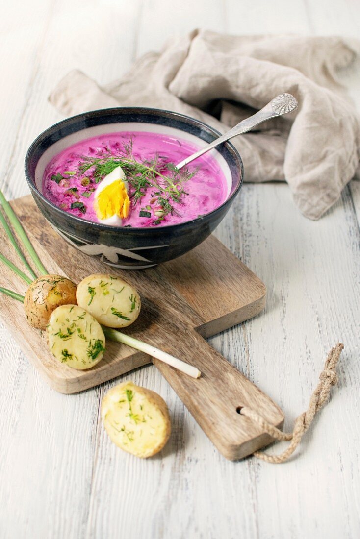 Cold beetroot soup with potatoes and boiled eggs