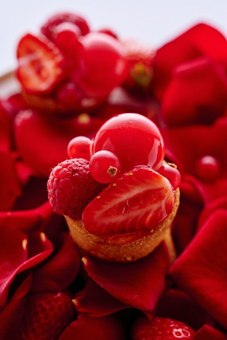 Mini-Tartelett mit roten Früchten auf Rosenblütenblättern