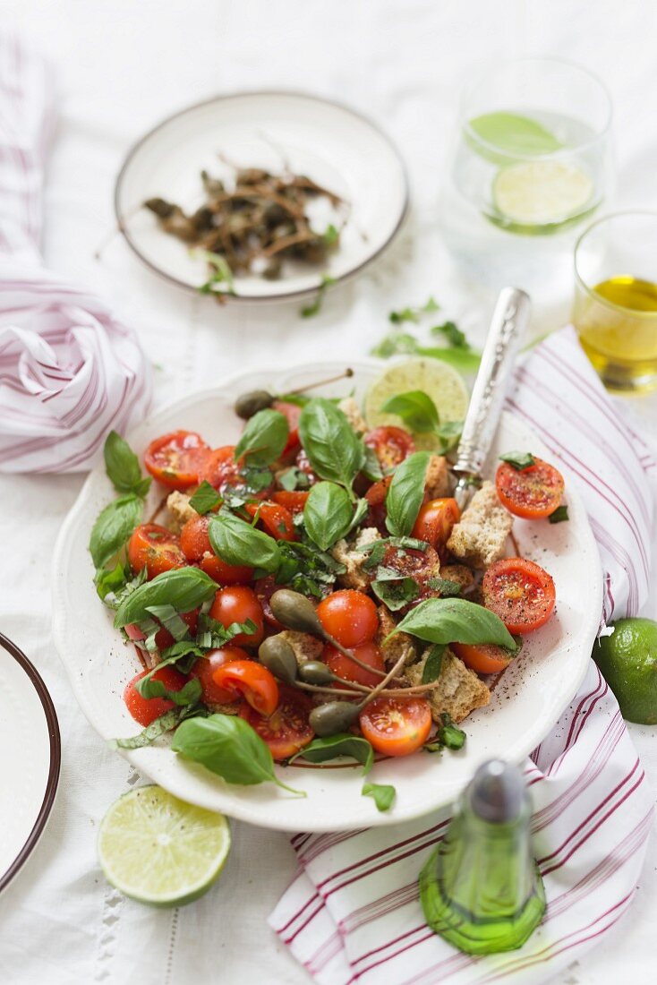 Tomato salad with giant capers and basil