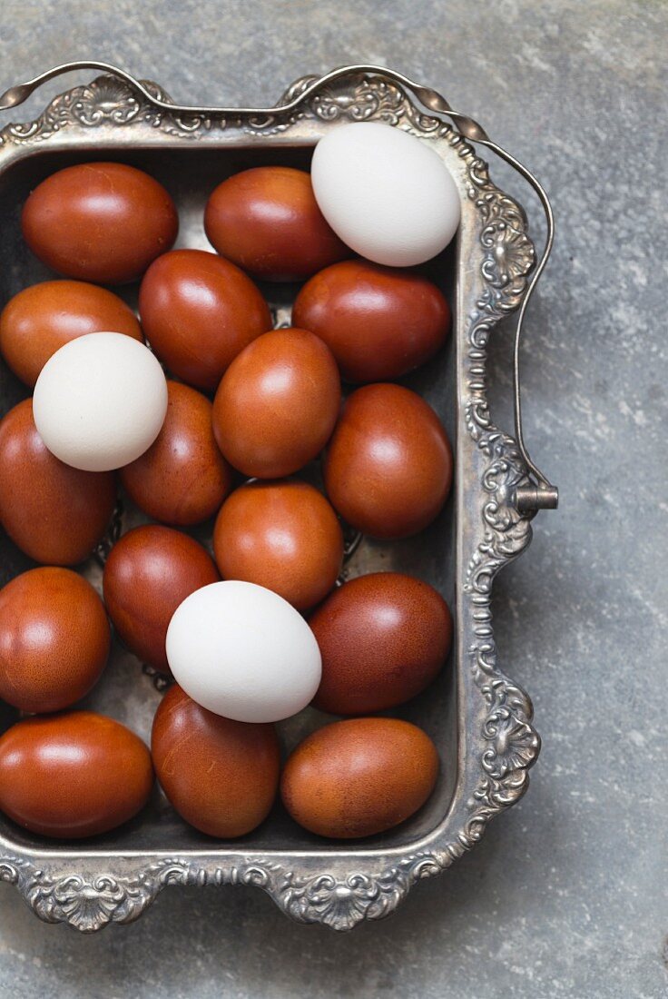 White and brown eggs in a silver tray