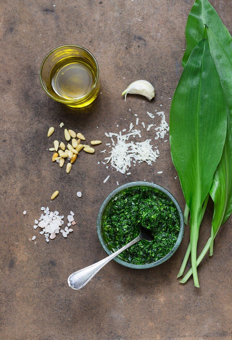 Ramsons (wild garlic) pesto with ingredients