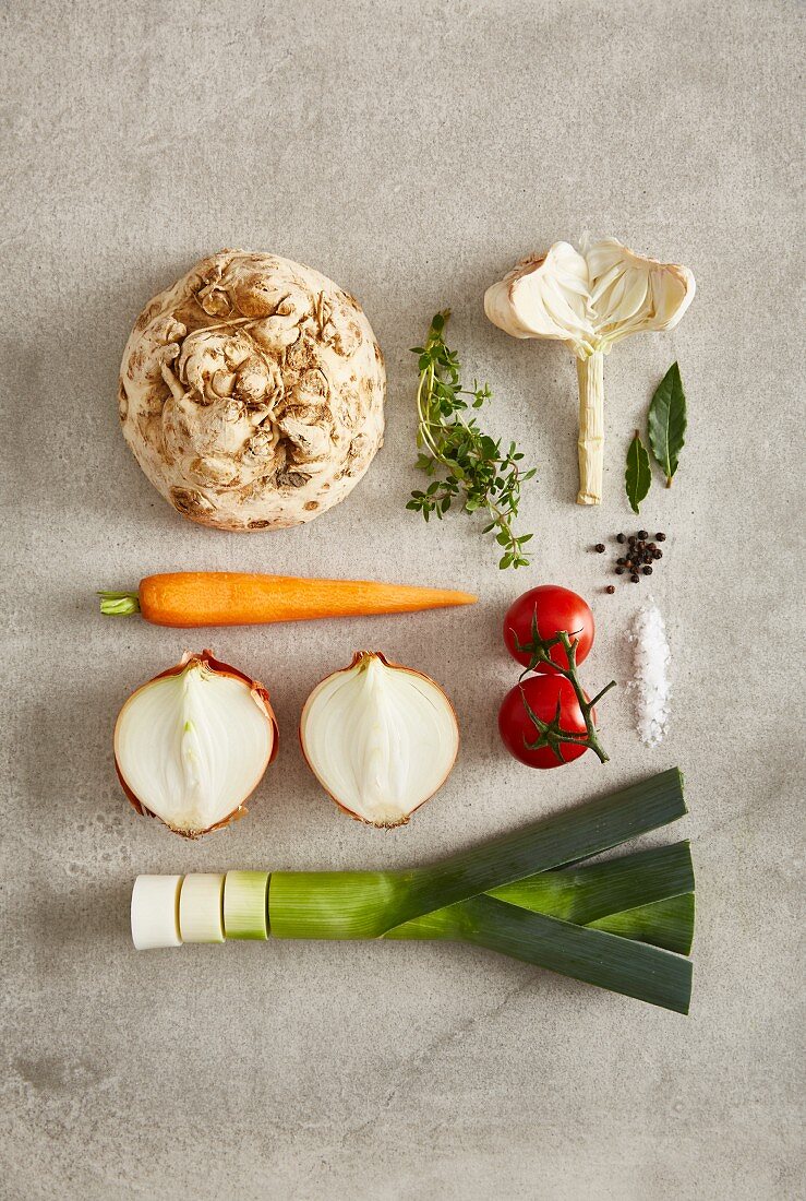 Ingredients for homemade vegetable stock (seen from above)