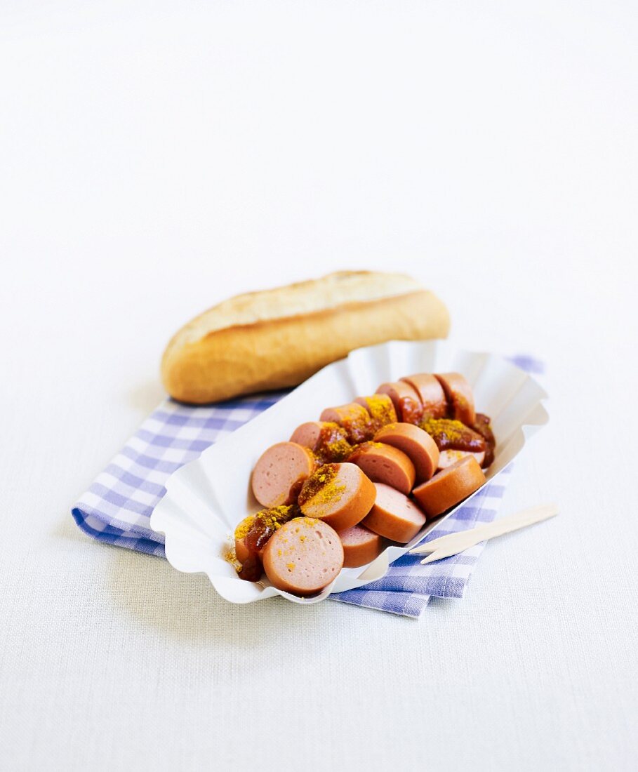 Sausages with curry, ketchup and bread rolls