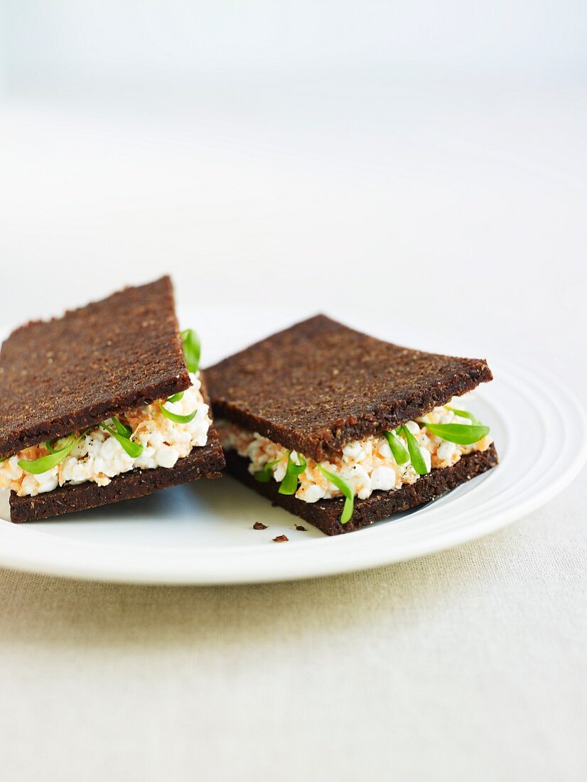 A pumpernickel sandwich with cottage cheese