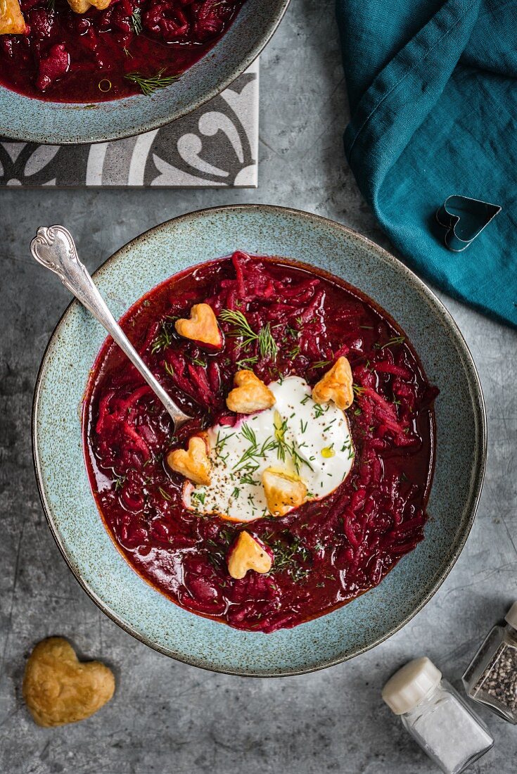 Russian Borscht beetroot soup with sour cream, dill and puff pastry croutons