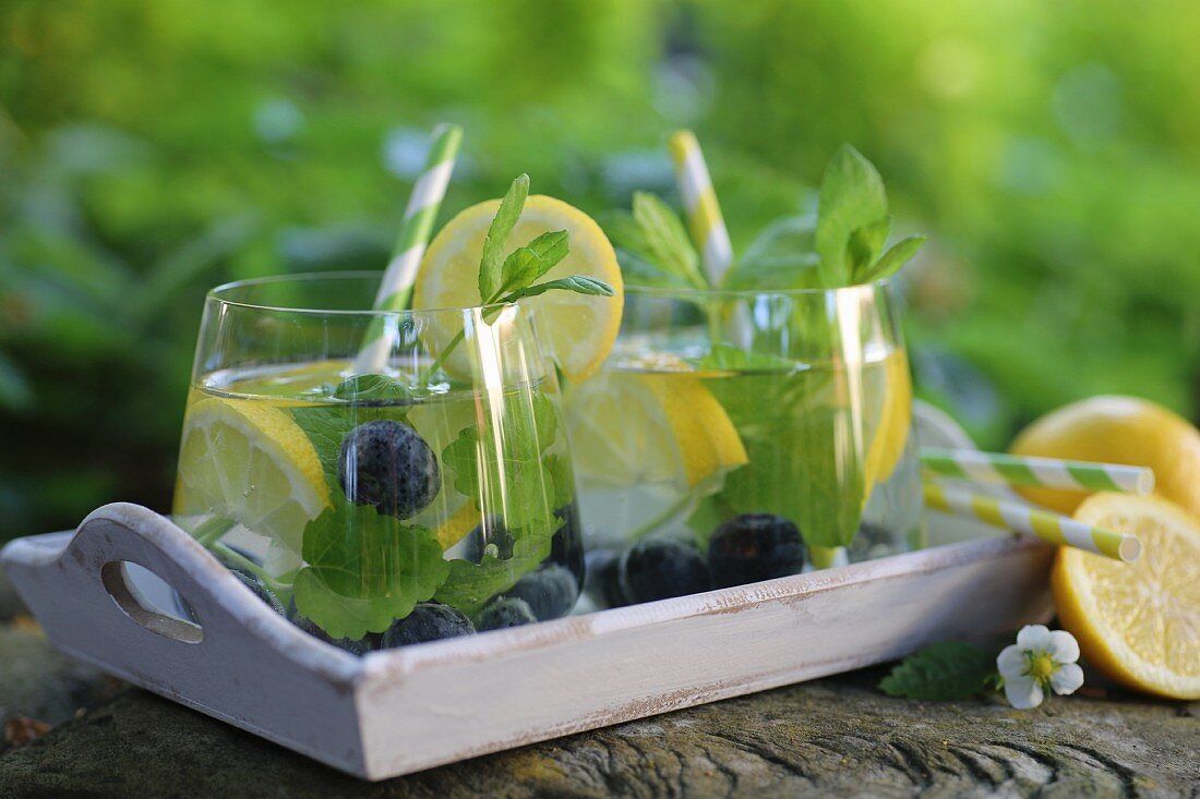 Water with lemon, blueberries and mint served in a garden