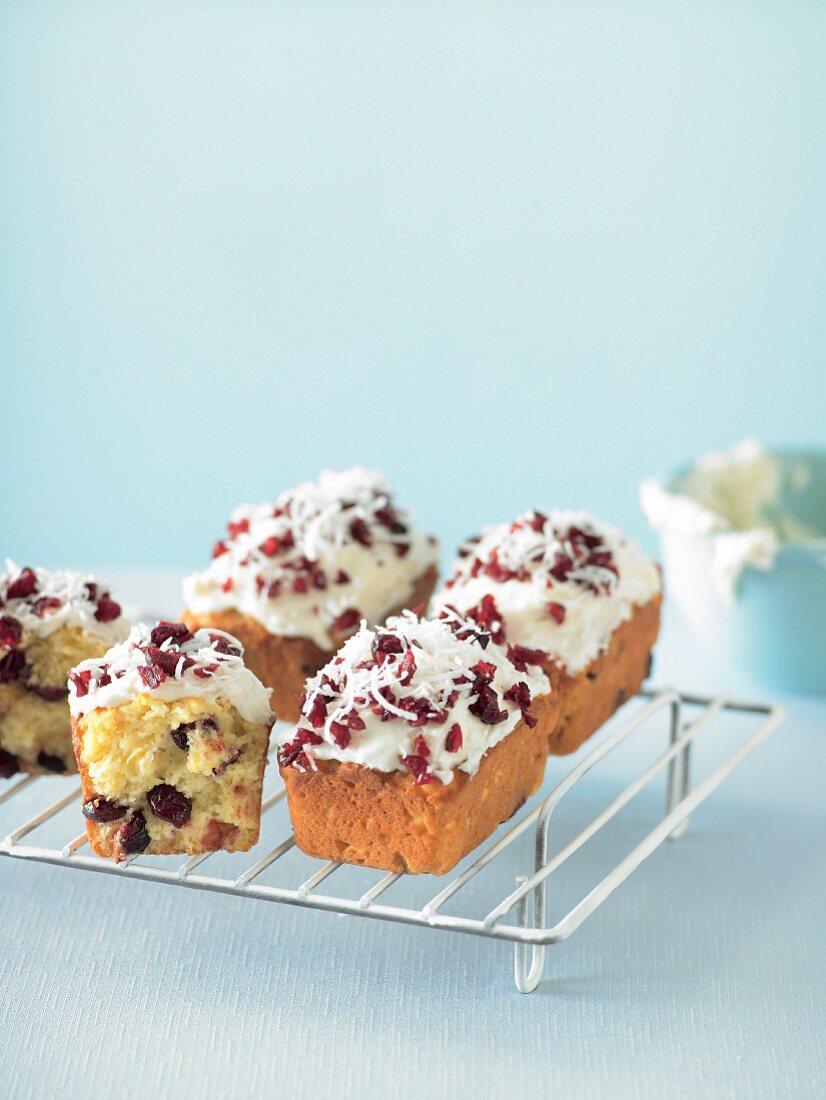 Mini Orange, coconut and cranberry loaves with coconut frosting