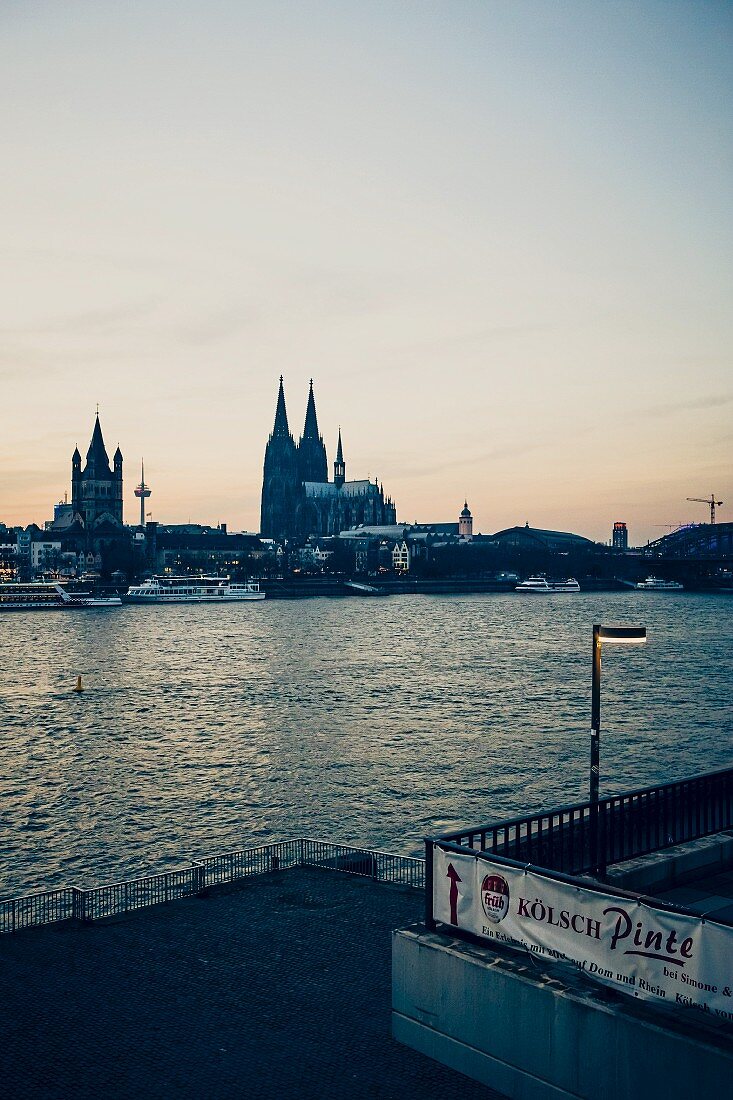 The view across the Rhine River to Cologne Cathedral, Cologne, Germany