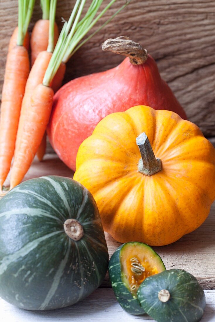 Various pumpkins and carrots