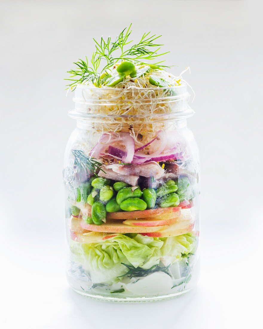 Vegetable salad with apple, edamame, herring and shoots in a glass jar