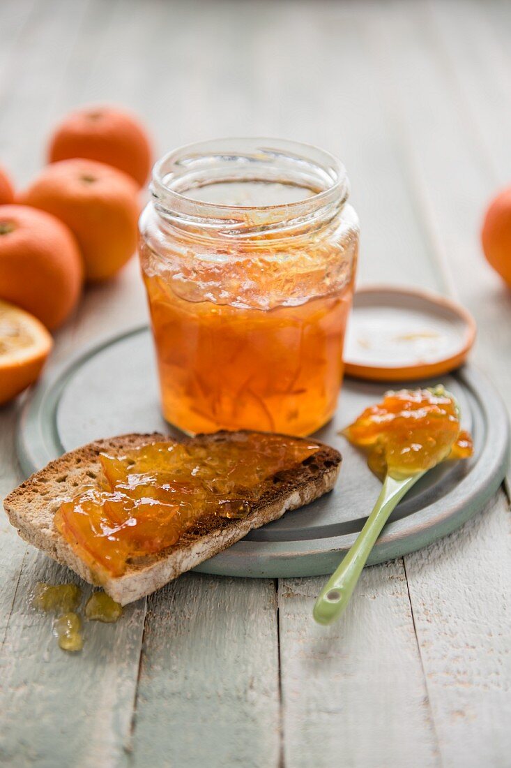 Homemade seville orange marmalade with a sourdough toasted bread