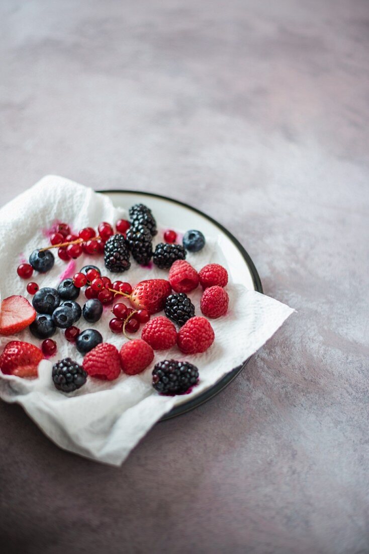 Beeren trocknen auf einem Küchentuch