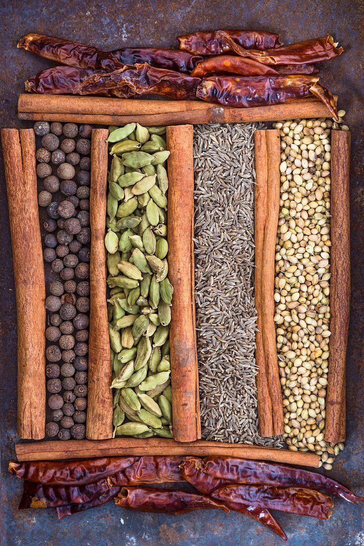 Different spices arranged artistically