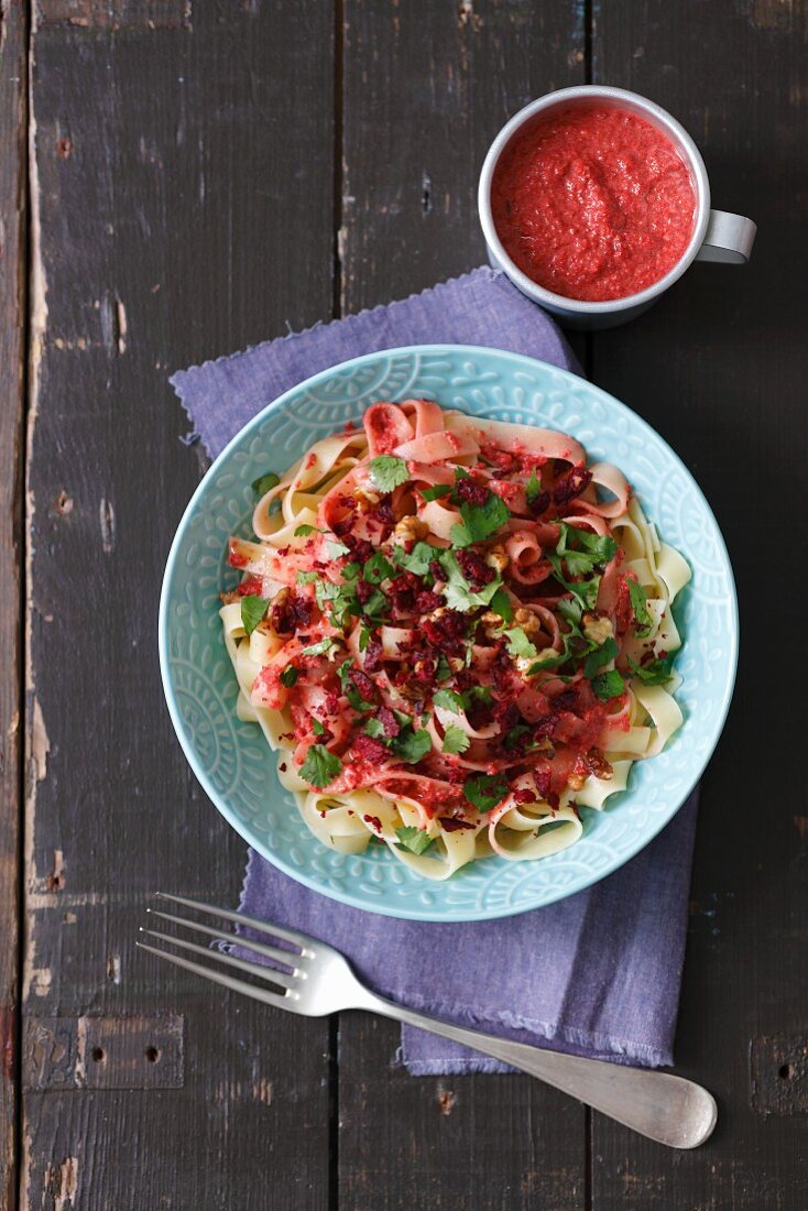 Tagliatelle with beetroot pesto with cilantro