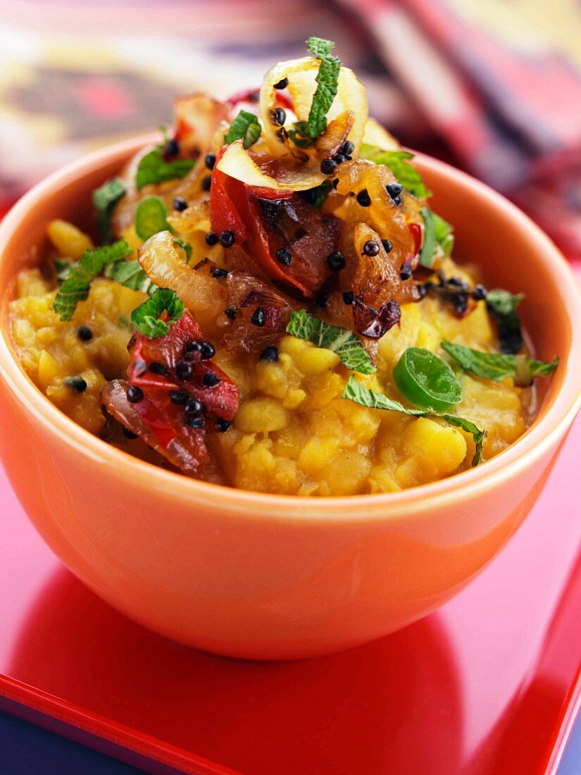 A bowl of indian tarka dhal vegetarian lentils