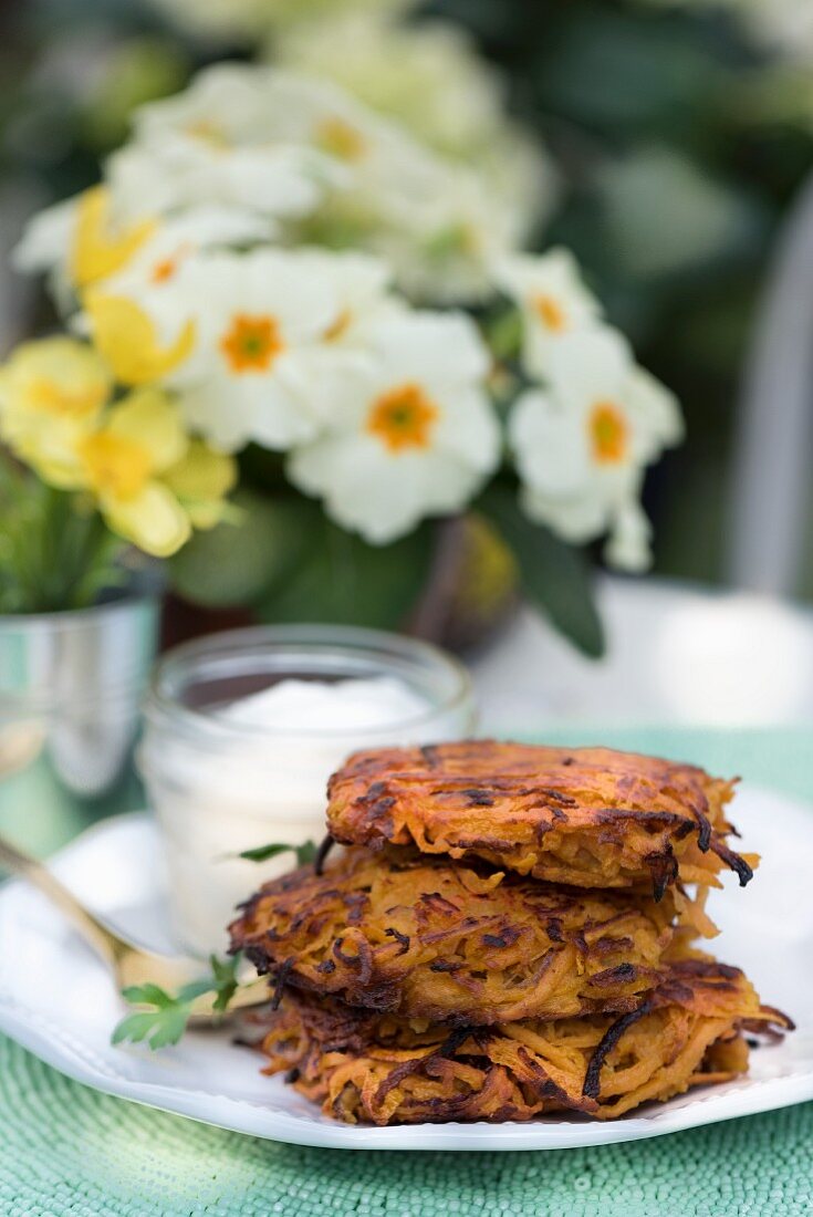 Sweet potato fritters with cream fraiche for Easter