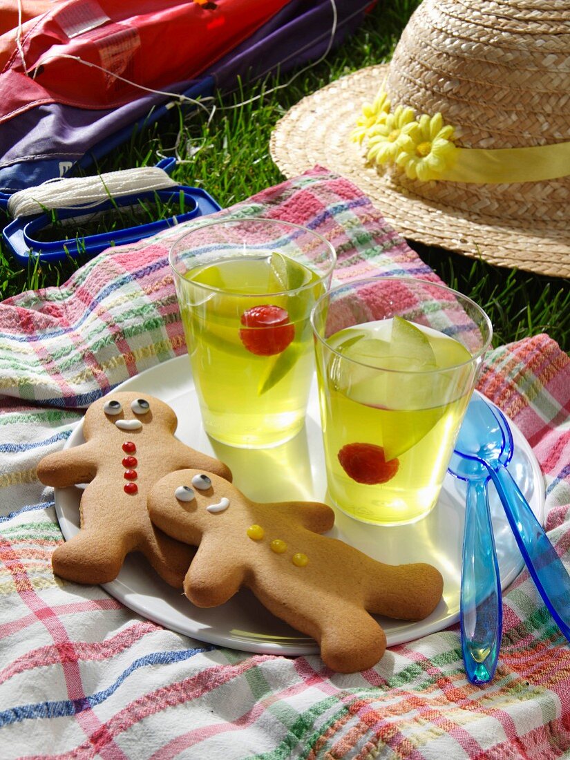 Jellies and gingerbread men at a grassy picnic