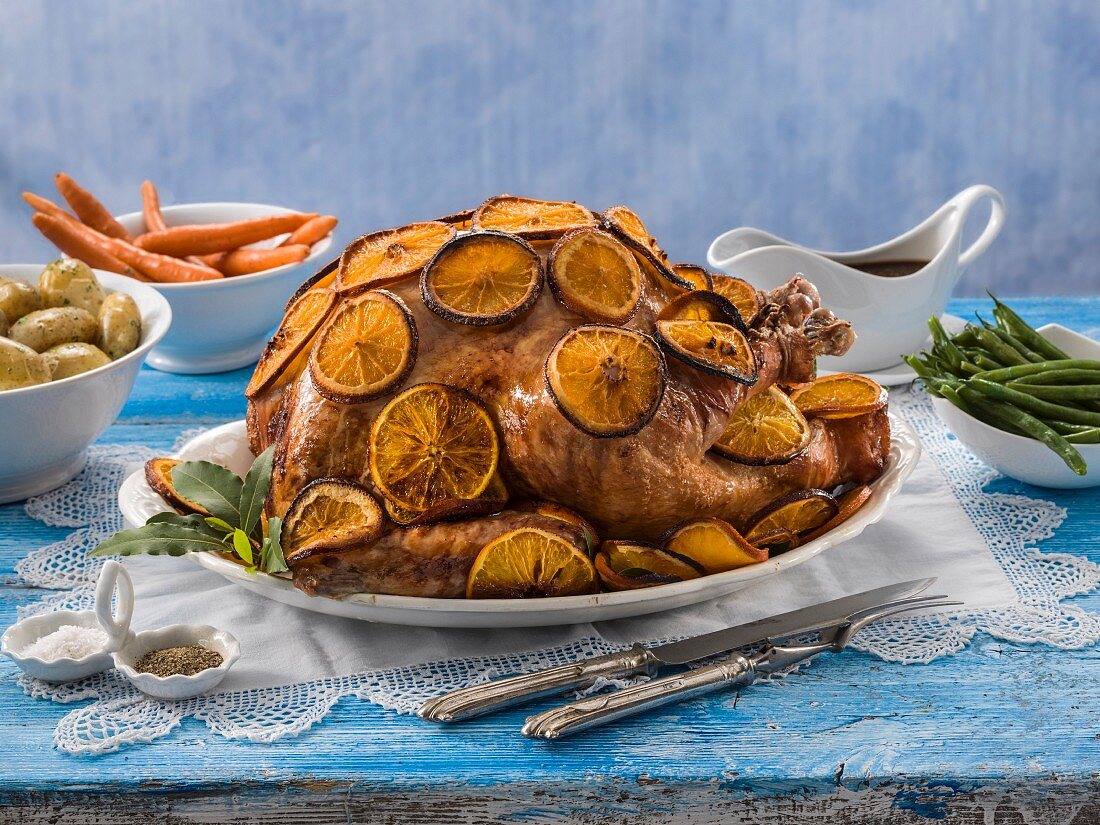 Whole Turkey glazed with orange slices