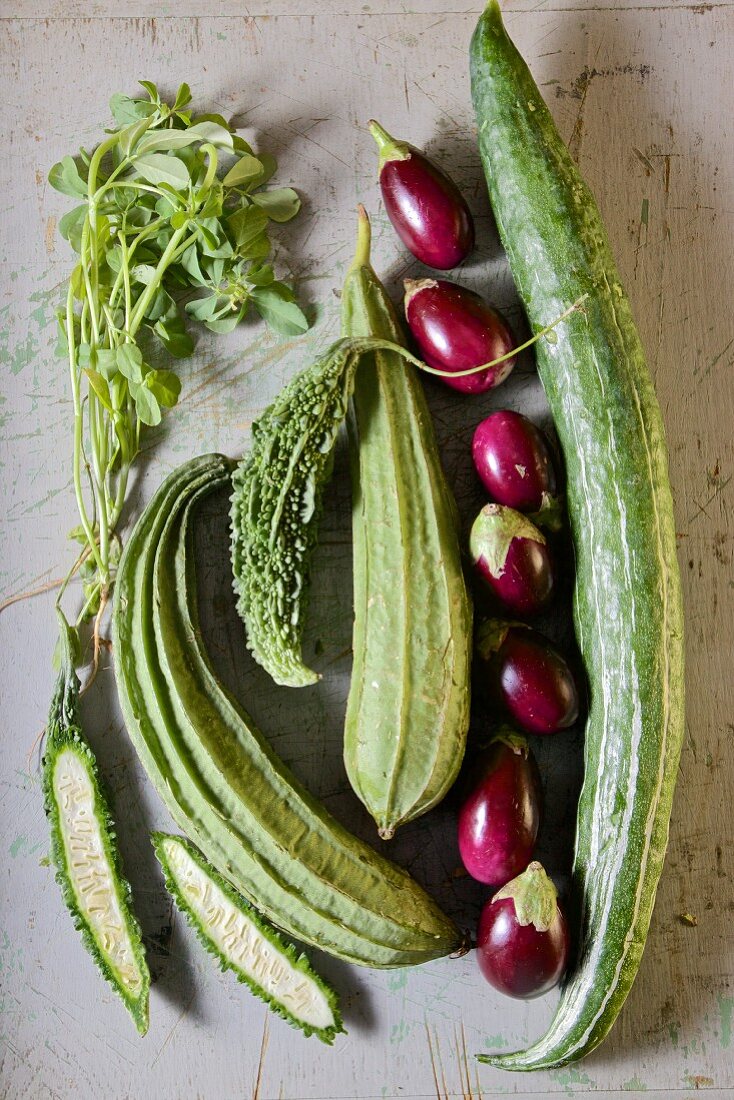 Gemüse aus Indien: Gurke, Aubergine, Bittergurke