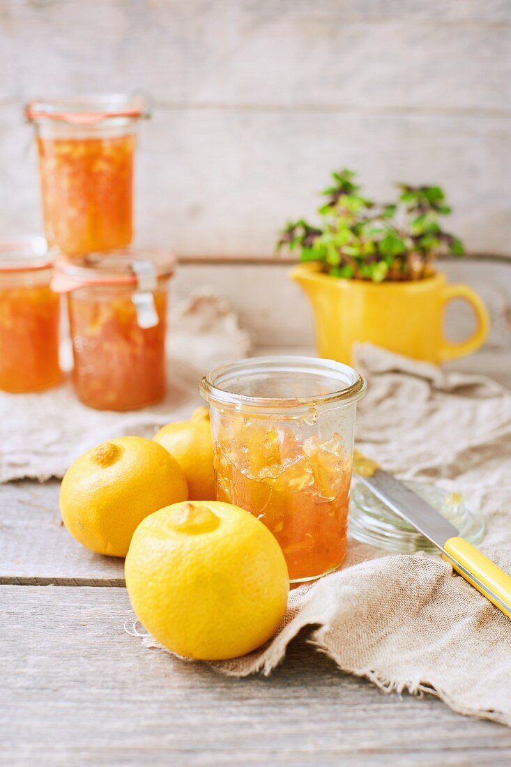 Homemade bergamot jam in preserving jars