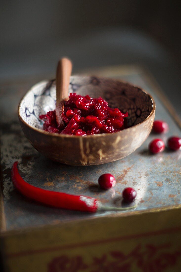 Cranberry and chilli chutney in a bowl