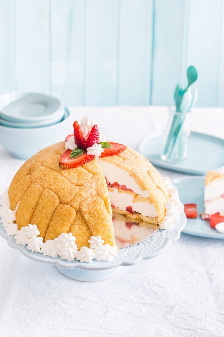 A strawberry and vanilla zuccotto (dome-shaped cake from Italy)