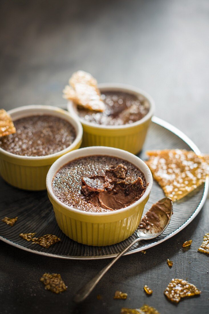 Chocolate creme brulle with sesame seed brittle