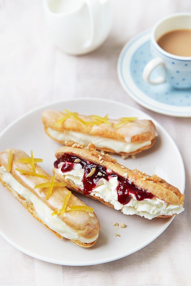 Peanut butter eclairs with cream and jam