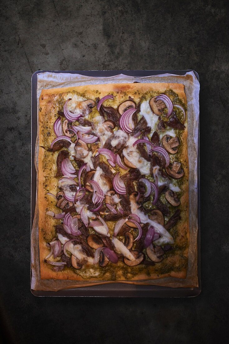 A duck and onion pizza