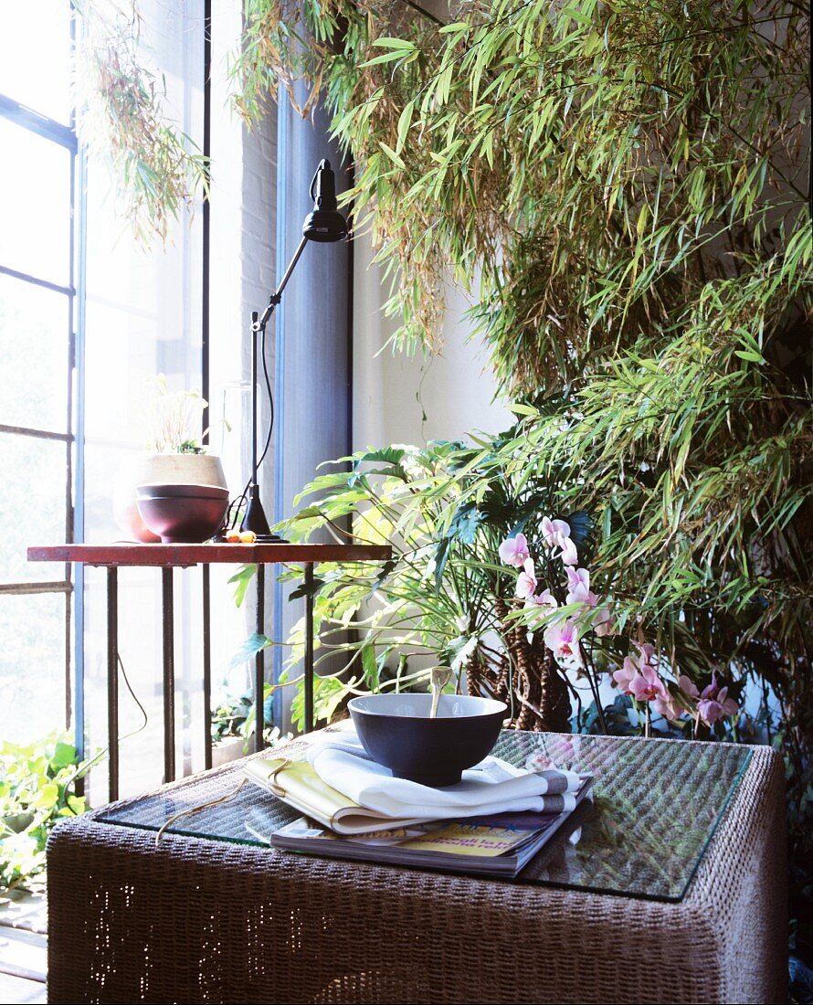 Two side tables in front of bamboo plant