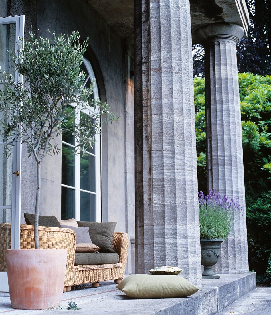 Classical house with columns and arched windows