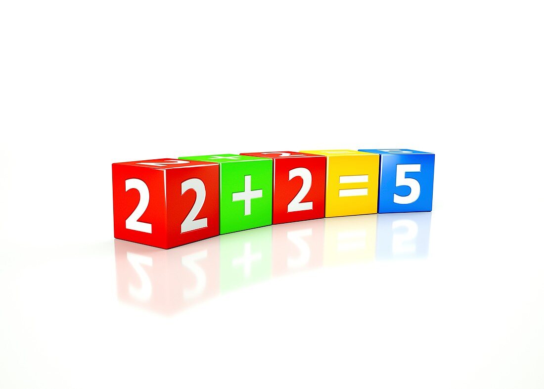 Cubes illustrating 2 plus 2 equals 5.