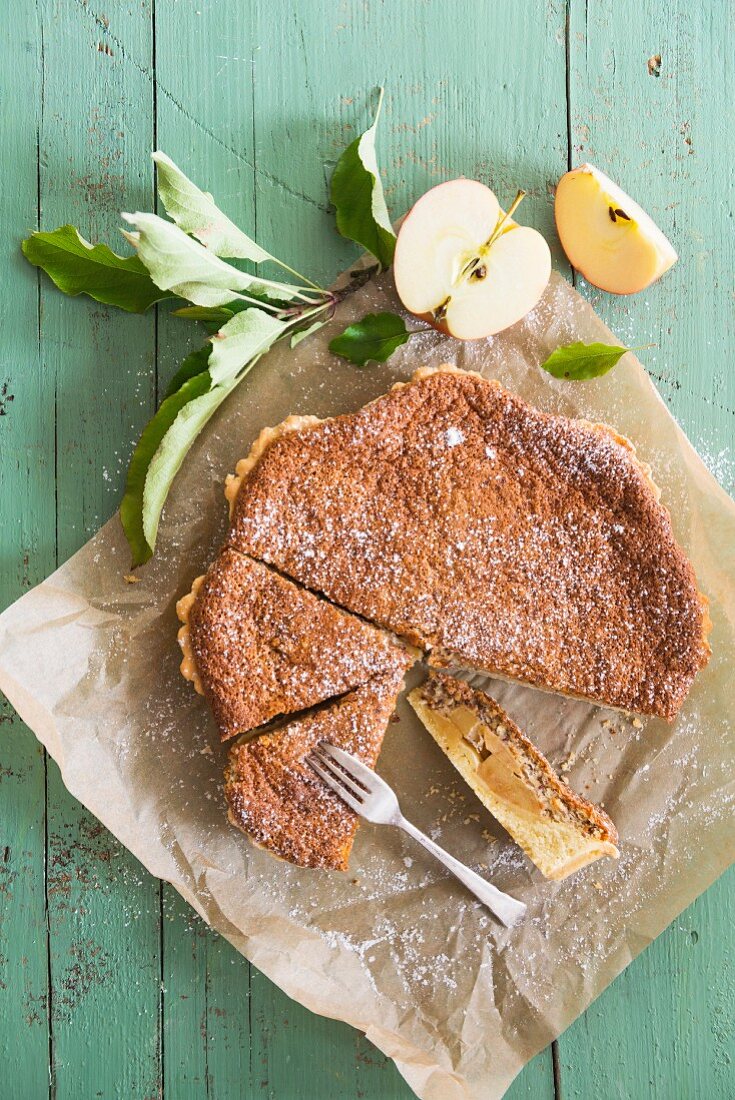 Apple and frangipane pie, sliced